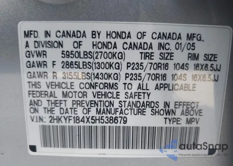 2005 Honda Pilot Ex z USA, uszkodzony, nr VIN 2HKYF184X5H538679